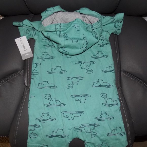 Carter’s Green Hippo Print Hooded Romper Size 24 - Picture 5 of 5
